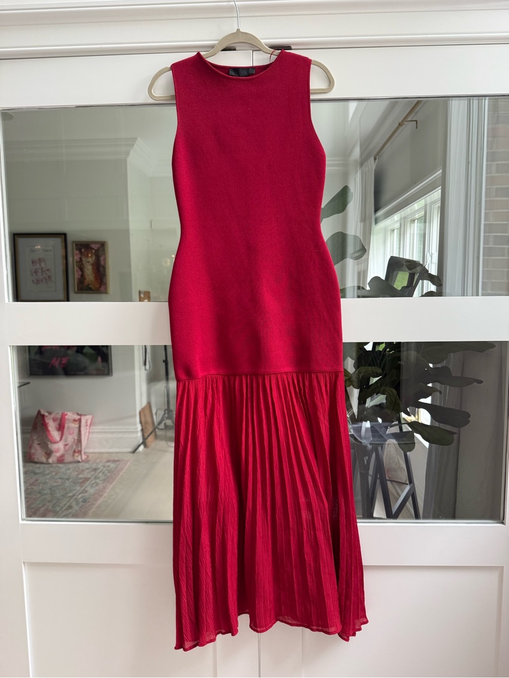 Zara Sleeveless Fitted Red Maxi Dress with Pleated Skirt